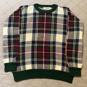 John Ashford Green Red Cream Plaid Thick Weight Crewneck Sweater Men’s Large